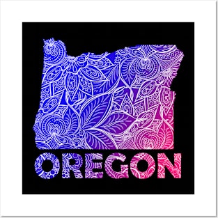 Colorful mandala art map of Oregon with text in blue and violet Posters and Art